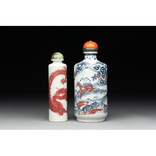 23 - A Chinese blue, white and copper-red snuff bottle with the zodiac and a copper-red 'dragon' snuff bo... 