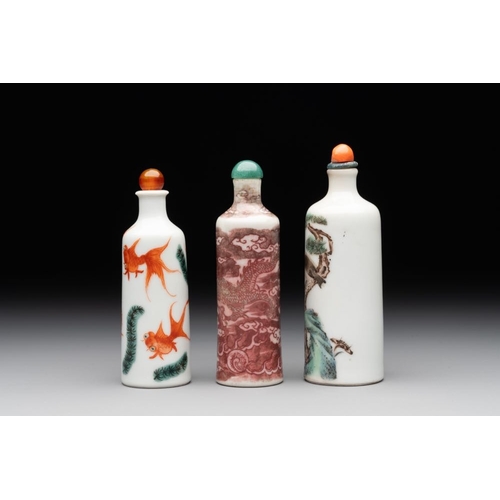 37 - A Chinese copper-red 'dragon' snuff bottle and two famille verte snuff bottles, Gu Yue Xuan and Daog... 