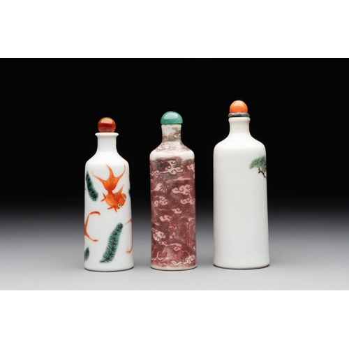 37 - A Chinese copper-red 'dragon' snuff bottle and two famille verte snuff bottles, Gu Yue Xuan and Daog... 