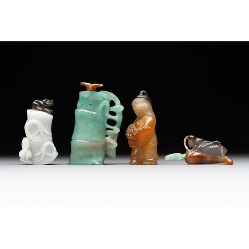 57 - Eight Chinese jade, glass, agate and smoky quartz snuff bottles, 19/20th C.H.: 7 cm (the tallest inc... 