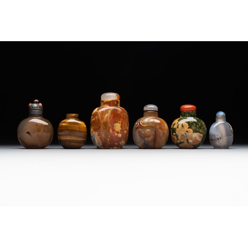 58 - Six Chinese hardstone and agate snuff bottles, 19/20th C.H.: 9 cm (the tallest incl. stopper)The abs... 