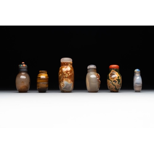 58 - Six Chinese hardstone and agate snuff bottles, 19/20th C.H.: 9 cm (the tallest incl. stopper)The abs... 