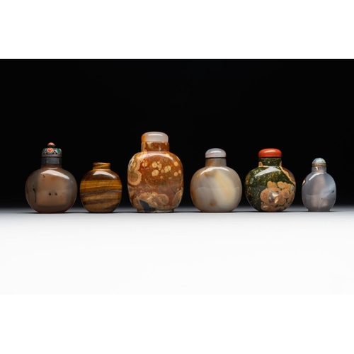 58 - Six Chinese hardstone and agate snuff bottles, 19/20th C.H.: 9 cm (the tallest incl. stopper)The abs... 