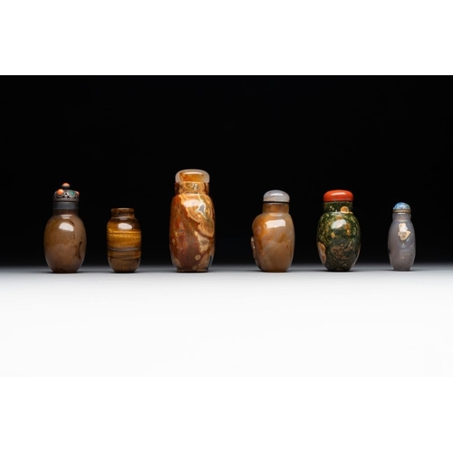 58 - Six Chinese hardstone and agate snuff bottles, 19/20th C.H.: 9 cm (the tallest incl. stopper)The abs... 