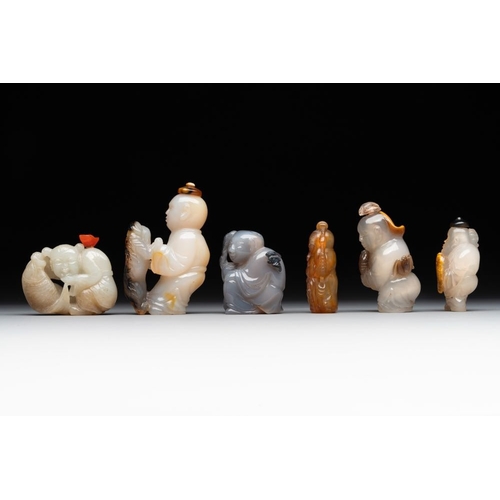 59 - Six Chinese carved jade and agate 'figural' snuff bottles, 19/20th C.H.: 8 cm (the tallest incl. sto... 