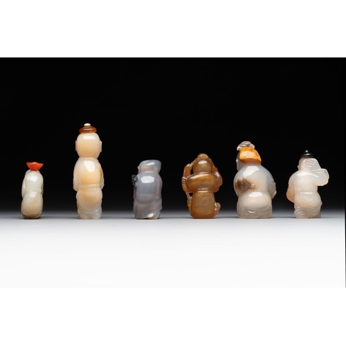 59 - Six Chinese carved jade and agate 'figural' snuff bottles, 19/20th C.H.: 8 cm (the tallest incl. sto... 