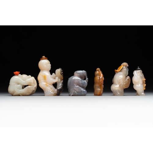 59 - Six Chinese carved jade and agate 'figural' snuff bottles, 19/20th C.H.: 8 cm (the tallest incl. sto... 