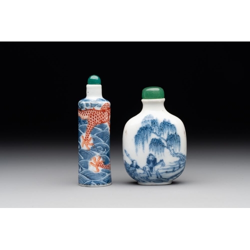 6 - A Chinese blue and white 'figurative' snuff bottle and a blue, white and iron-red 'dragon' snuff bot... 