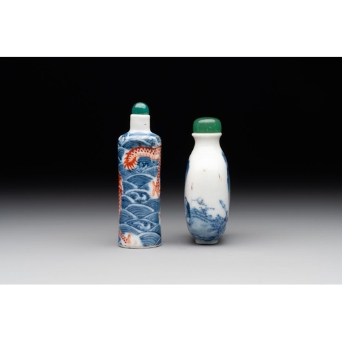 6 - A Chinese blue and white 'figurative' snuff bottle and a blue, white and iron-red 'dragon' snuff bot... 