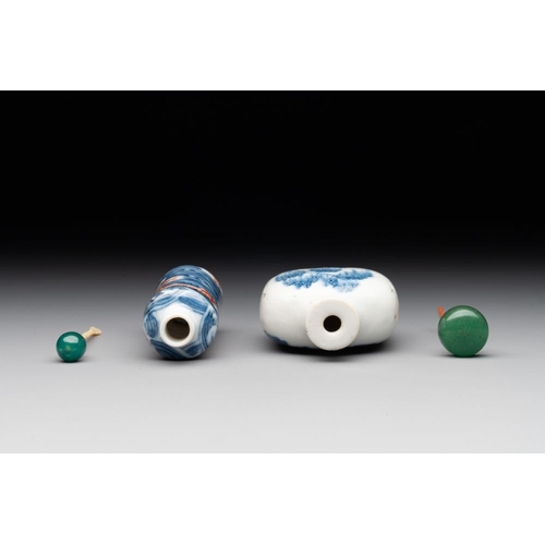 6 - A Chinese blue and white 'figurative' snuff bottle and a blue, white and iron-red 'dragon' snuff bot... 