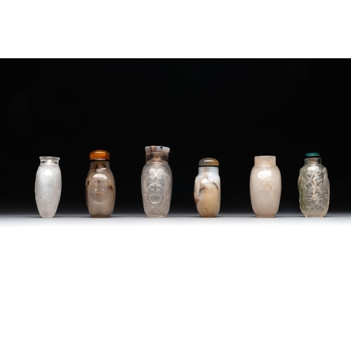 60 - Six Chinese rock crystal and agate snuff bottles, 19/20th C.H.: 7,5 cm (the tallest incl. stopper)Th... 