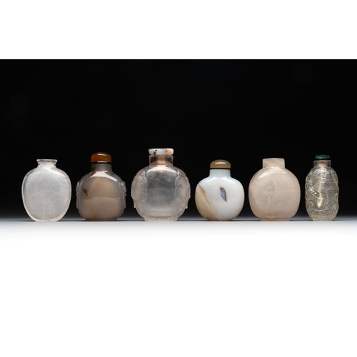 60 - Six Chinese rock crystal and agate snuff bottles, 19/20th C.H.: 7,5 cm (the tallest incl. stopper)Th... 