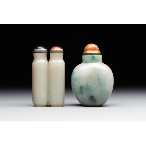 66 - A Chinese jade conjoined double-snuff bottle and a jade 'lily' snuff bottle, 19th C.H.: 6 cm (the ta... 