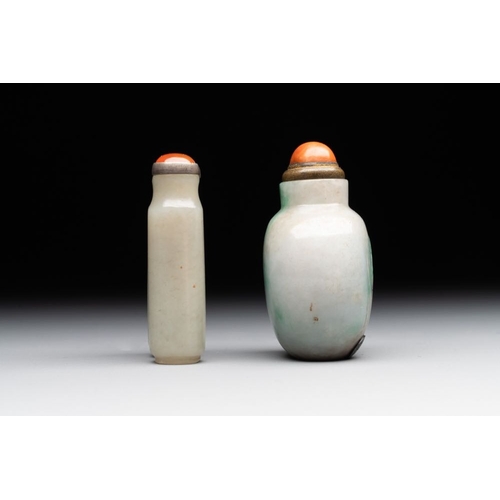 66 - A Chinese jade conjoined double-snuff bottle and a jade 'lily' snuff bottle, 19th C.H.: 6 cm (the ta... 