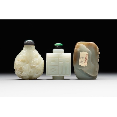 67 - Three Chinese celadon jade snuff bottles, QingH.: 6,5 cm (the tallest incl. stopper)The absence of a... 