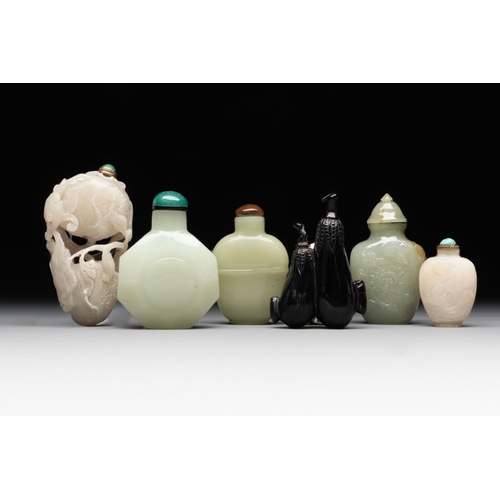 69 - Six various Chinese hardstone and jade snuff bottles, 19/20th C.H.: 8,5 cm (the tallest incl. stoppe... 