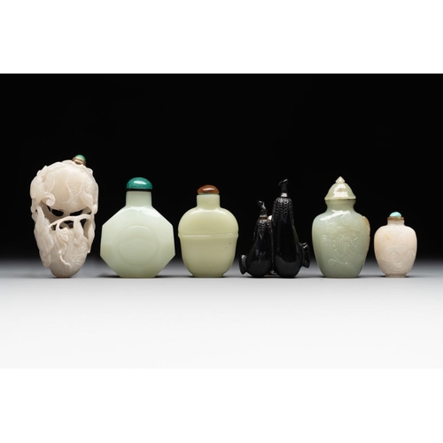 69 - Six various Chinese hardstone and jade snuff bottles, 19/20th C.H.: 8,5 cm (the tallest incl. stoppe... 