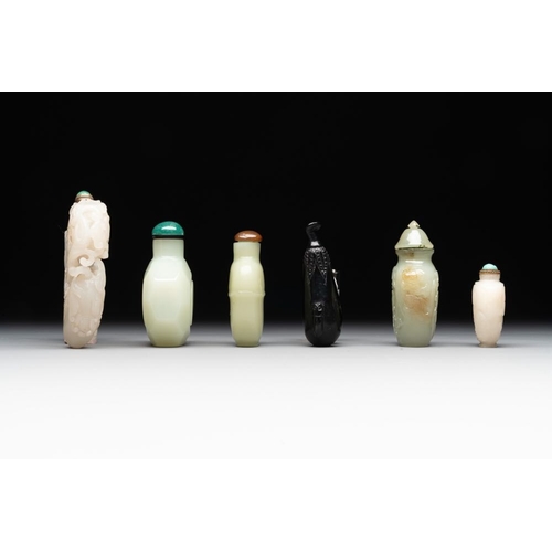 69 - Six various Chinese hardstone and jade snuff bottles, 19/20th C.H.: 8,5 cm (the tallest incl. stoppe... 