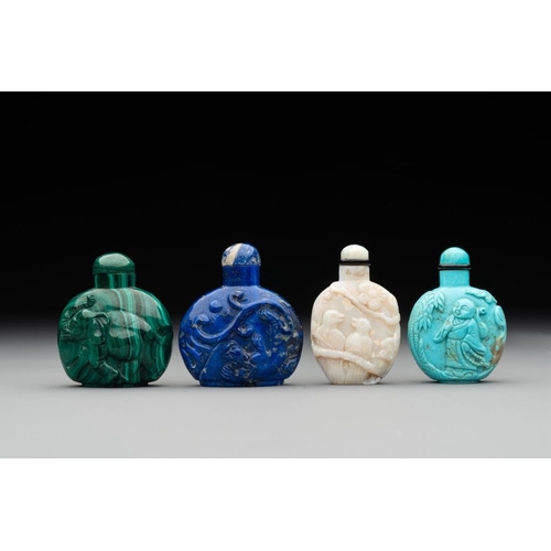 78 - Six Chinese snuff bottles in various carved gemstones, 19/20th C.H.: 10,4 cm (the tallest incl. stop... 