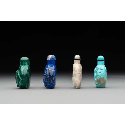 78 - Six Chinese snuff bottles in various carved gemstones, 19/20th C.H.: 10,4 cm (the tallest incl. stop... 