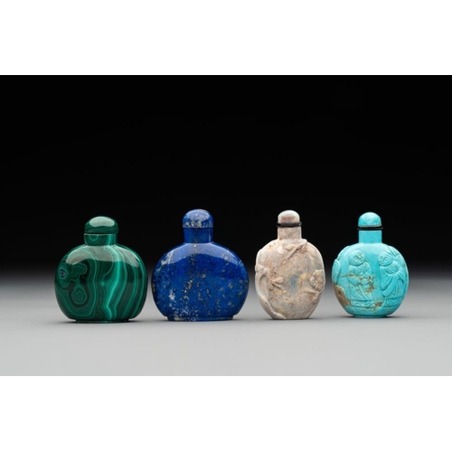 78 - Six Chinese snuff bottles in various carved gemstones, 19/20th C.H.: 10,4 cm (the tallest incl. stop... 