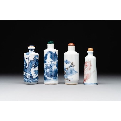 9 - Two Chinese blue and white snuff bottles and two blue, white and copper-red snuff bottles, 19th C.H.... 