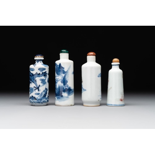 9 - Two Chinese blue and white snuff bottles and two blue, white and copper-red snuff bottles, 19th C.H.... 