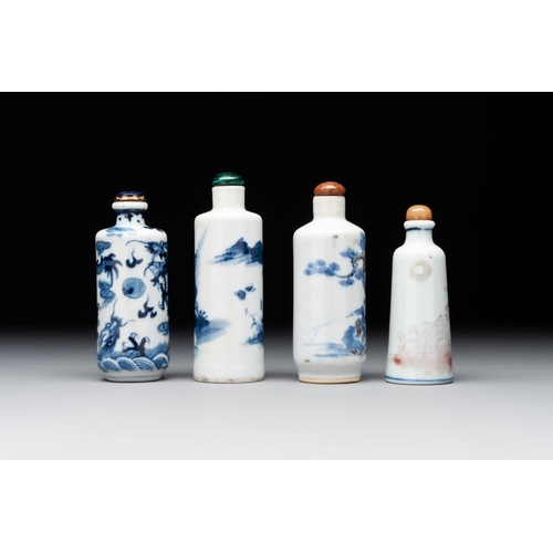 9 - Two Chinese blue and white snuff bottles and two blue, white and copper-red snuff bottles, 19th C.H.... 