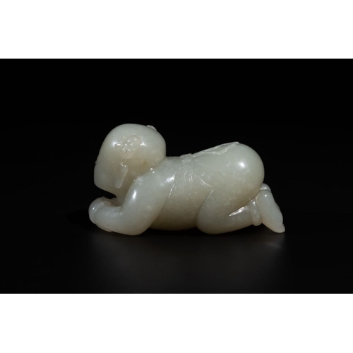 91 - A Chinese white jade carving of a reclining boy, QingDim.: 6,8 x 3,2 x 3,5 cm
 Weight.: 107 gramsThe... 