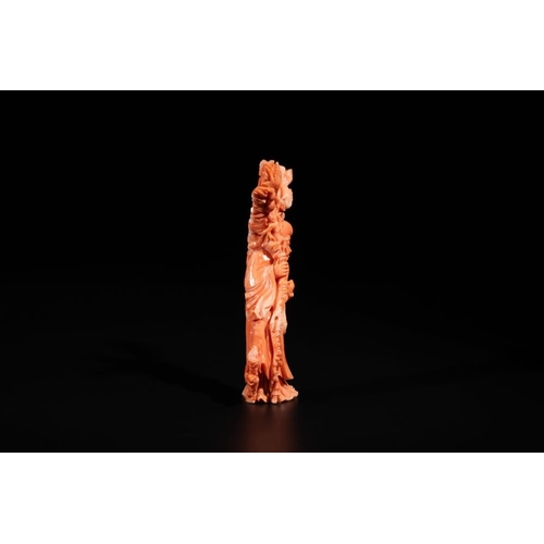 123 - A Chinese red coral sculpture of Shoulao, 19/20th C.L.: 10 cm - H.: 14,5 cm 
 Weight: 175 gramsThe a... 