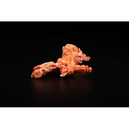 123 - A Chinese red coral sculpture of Shoulao, 19/20th C.L.: 10 cm - H.: 14,5 cm 
 Weight: 175 gramsThe a... 