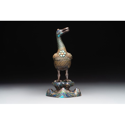 127 - A rare Chinese turquoise and red coral inlaid silver enamelled duck-shaped censer and cover, 19/20th... 