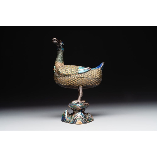 127 - A rare Chinese turquoise and red coral inlaid silver enamelled duck-shaped censer and cover, 19/20th... 