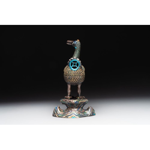 127 - A rare Chinese turquoise and red coral inlaid silver enamelled duck-shaped censer and cover, 19/20th... 