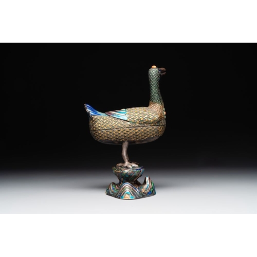 127 - A rare Chinese turquoise and red coral inlaid silver enamelled duck-shaped censer and cover, 19/20th... 