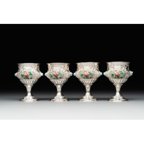 128 - A rare Chinese silver, enamel and hardstone coffee set with matching tray, 20th C.L.: 19,5 cm - H.: ... 