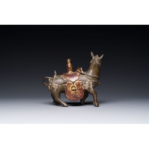 146 - A rare Chinese partly lacquered and gilt bronze incense holder in the shape of a horse, Yuan/early M... 