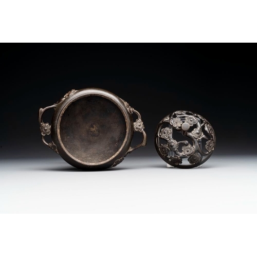 152 - Two Chinese Chinese bronze cylindrical incense stick holders and a covered censer, Yuan/Ming and Qin... 