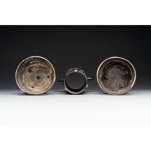 152 - Two Chinese Chinese bronze cylindrical incense stick holders and a covered censer, Yuan/Ming and Qin... 