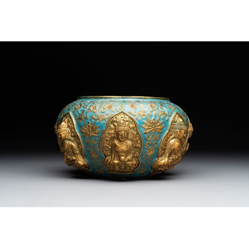 154 - A Chinese gilt and champleve enamelled bronze bowl with Buddhas in relief, 19/20th C.L.: 22 cm - H.:... 