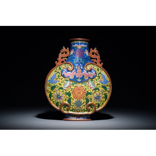 155 - A Chinese yellow and blue-ground cloisonne 'Shou' moonflask vase, 'bianhu', JiaqingH.: 28 cm
 Proven... 