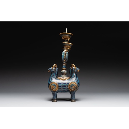 156 - A pair of extremely rare Chinese ram-shaped cloisonne candelabra, 18/19th C.Dim.: 37,3 x 17,3 x 77,5... 