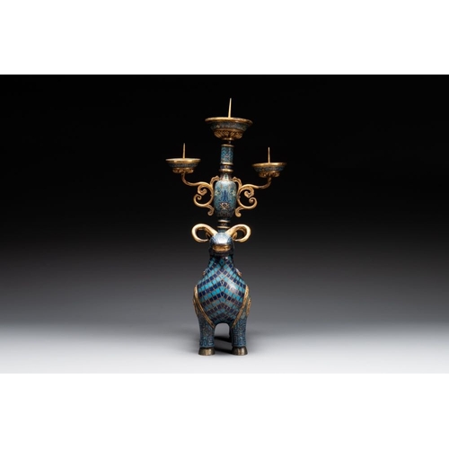 156 - A pair of extremely rare Chinese ram-shaped cloisonne candelabra, 18/19th C.Dim.: 37,3 x 17,3 x 77,5... 