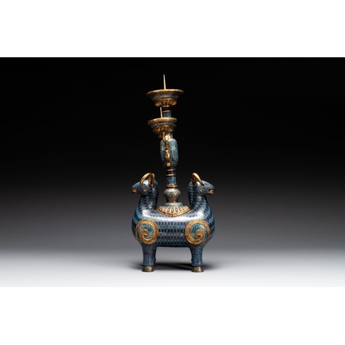 156 - A pair of extremely rare Chinese ram-shaped cloisonne candelabra, 18/19th C.Dim.: 37,3 x 17,3 x 77,5... 