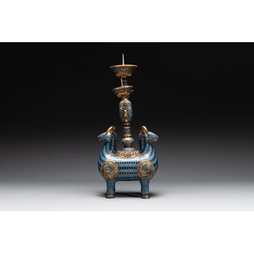 156 - A pair of extremely rare Chinese ram-shaped cloisonne candelabra, 18/19th C.Dim.: 37,3 x 17,3 x 77,5... 