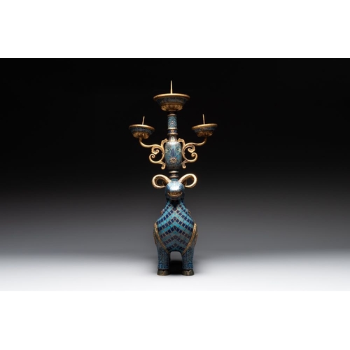 156 - A pair of extremely rare Chinese ram-shaped cloisonne candelabra, 18/19th C.Dim.: 37,3 x 17,3 x 77,5... 