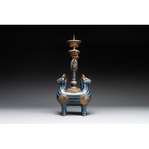 156 - A pair of extremely rare Chinese ram-shaped cloisonne candelabra, 18/19th C.Dim.: 37,3 x 17,3 x 77,5... 