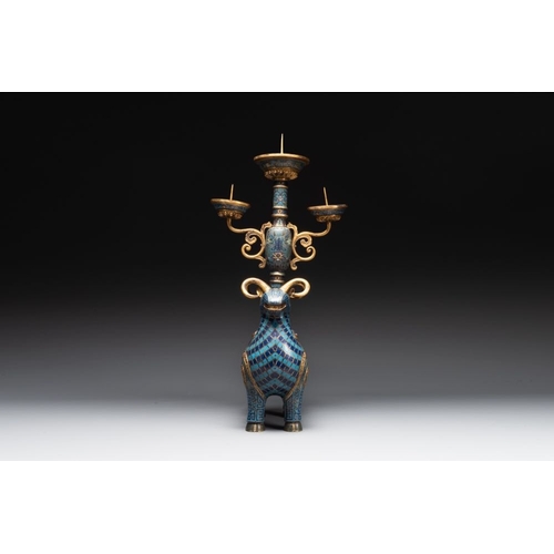 156 - A pair of extremely rare Chinese ram-shaped cloisonne candelabra, 18/19th C.Dim.: 37,3 x 17,3 x 77,5... 