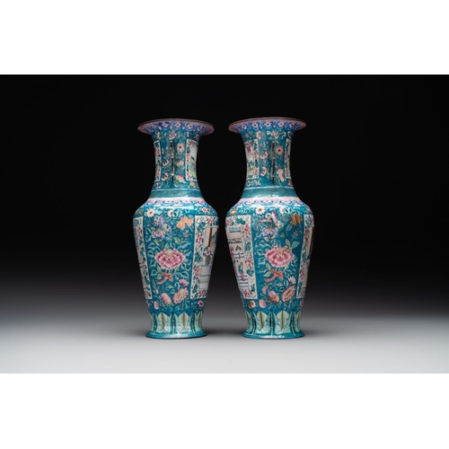 158 - A pair of Chinese Canton enamel vases with narrative design, 19th C.H.: 33 cm The absence of a condi... 