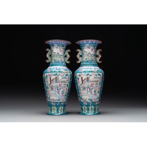 158 - A pair of Chinese Canton enamel vases with narrative design, 19th C.H.: 33 cm The absence of a condi... 